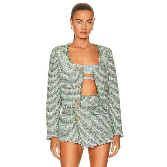 Self-Portrait Boucle Cropped Jacket in Green - Picture 2 of 5